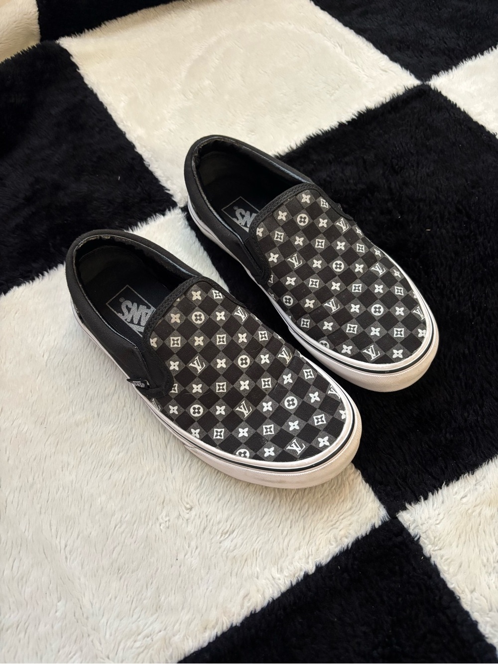Custom Vans Slip-On Sneakers with Checker Monogram - Black